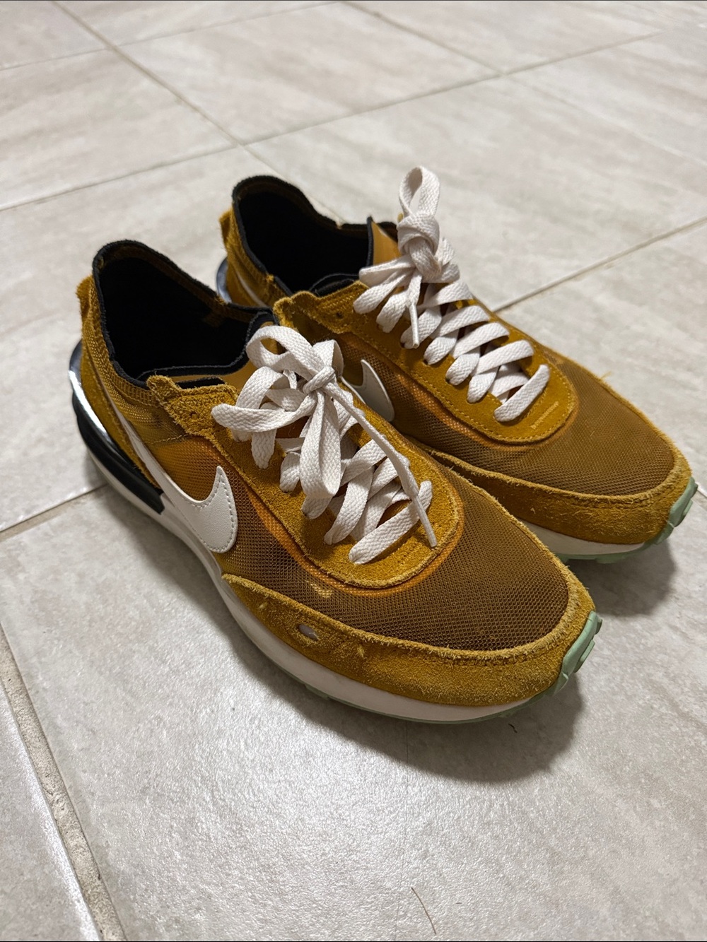 Nike women’s waffle one Mustard Yellow Suede & Mesh Sneakers with White Swoosh